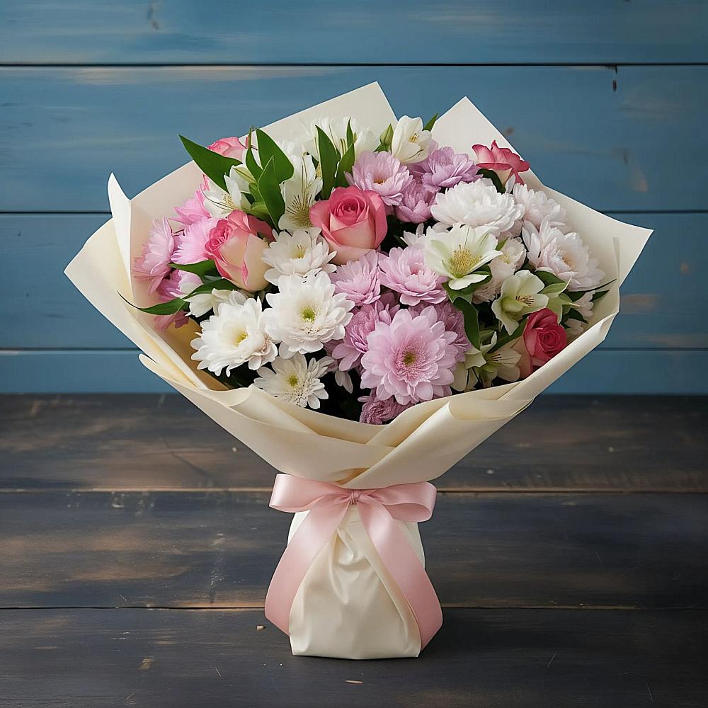 Букет цветов из: Хризантемы, Альстромерии и Розы в Хоре